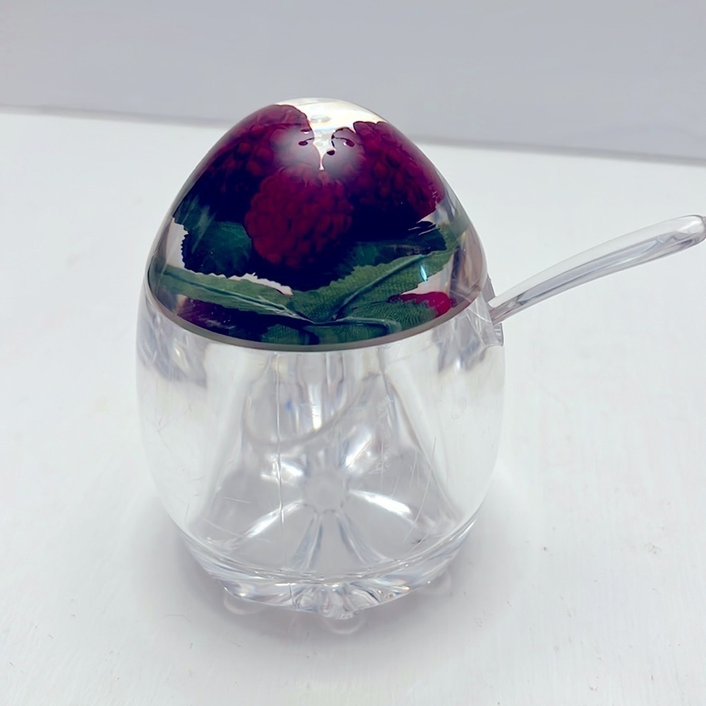1960s Lucite Jam Jelly Jar Raspberries and spoon
